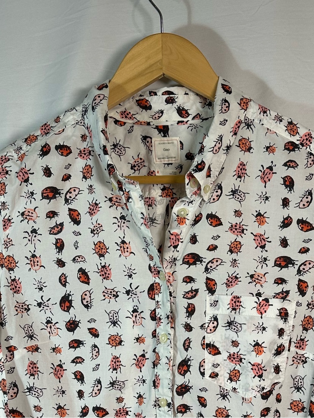 GAP White Button-Down Shirt with Red & Pink Ladybug Print